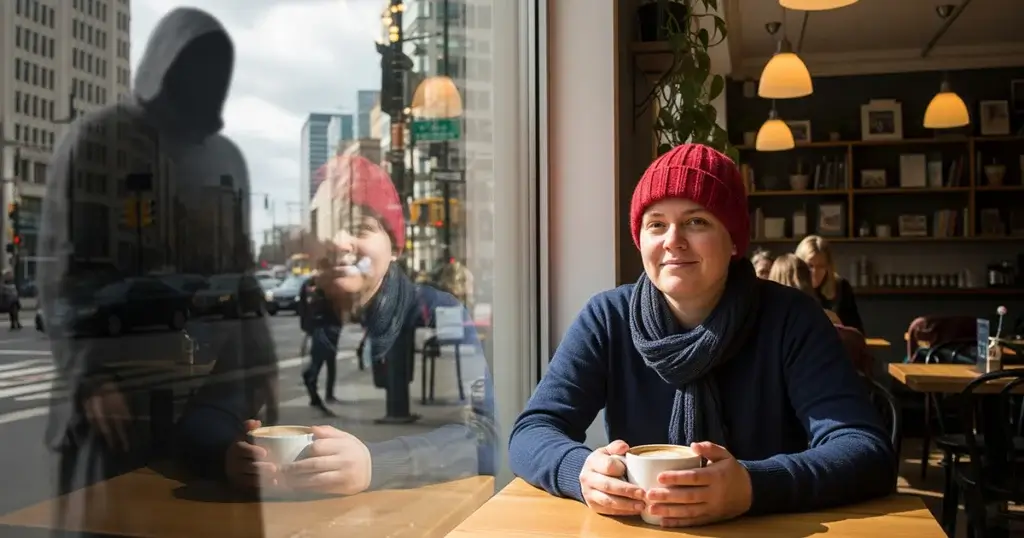 O persoană se simte în siguranță într-o cafenea, protejată de o amenințare exterioară printr-un ordin de protecție extins